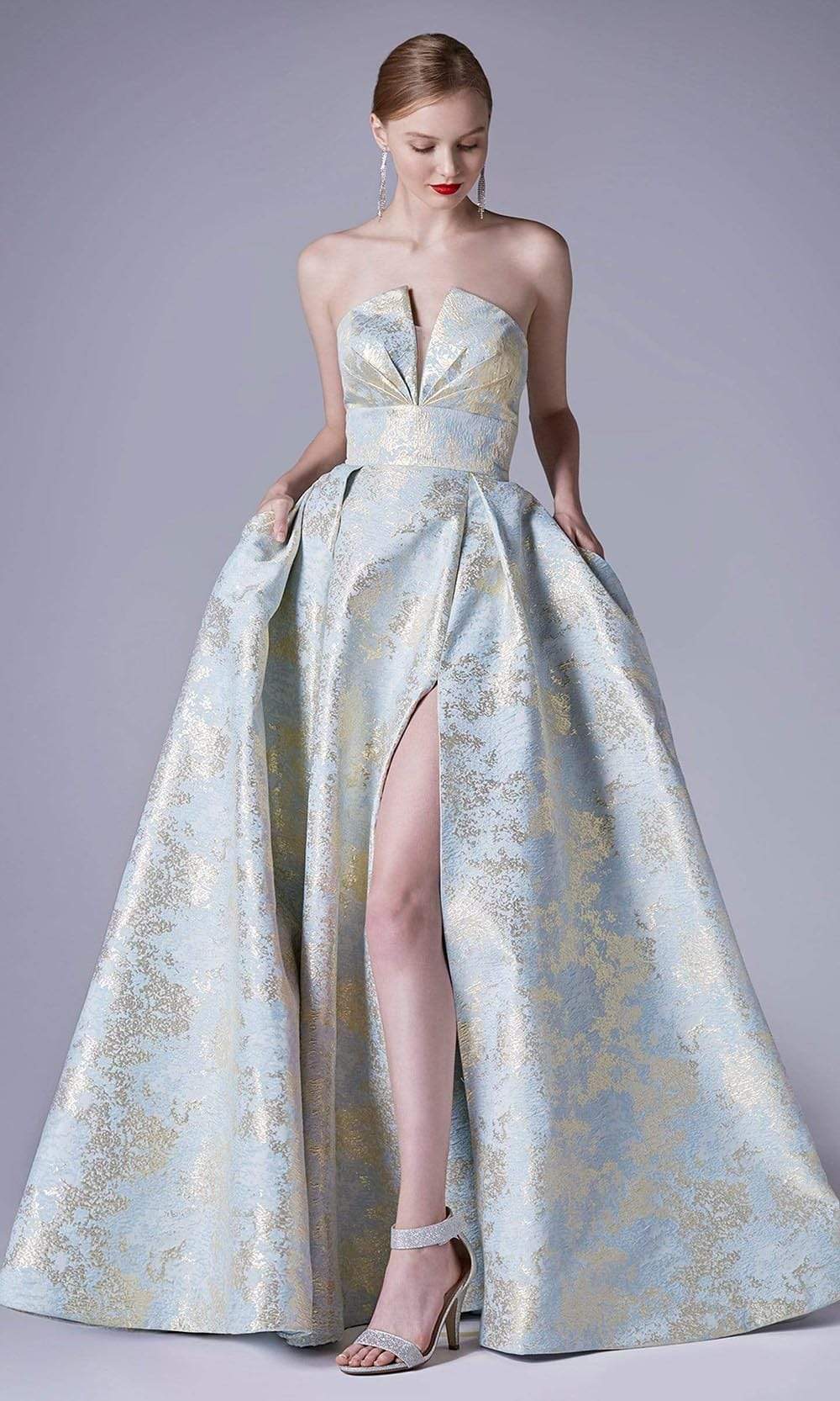 Andrea and Leo - A0726 Strapless High Slit Modern Print Dress Special Occasion Dress 2 / Multi