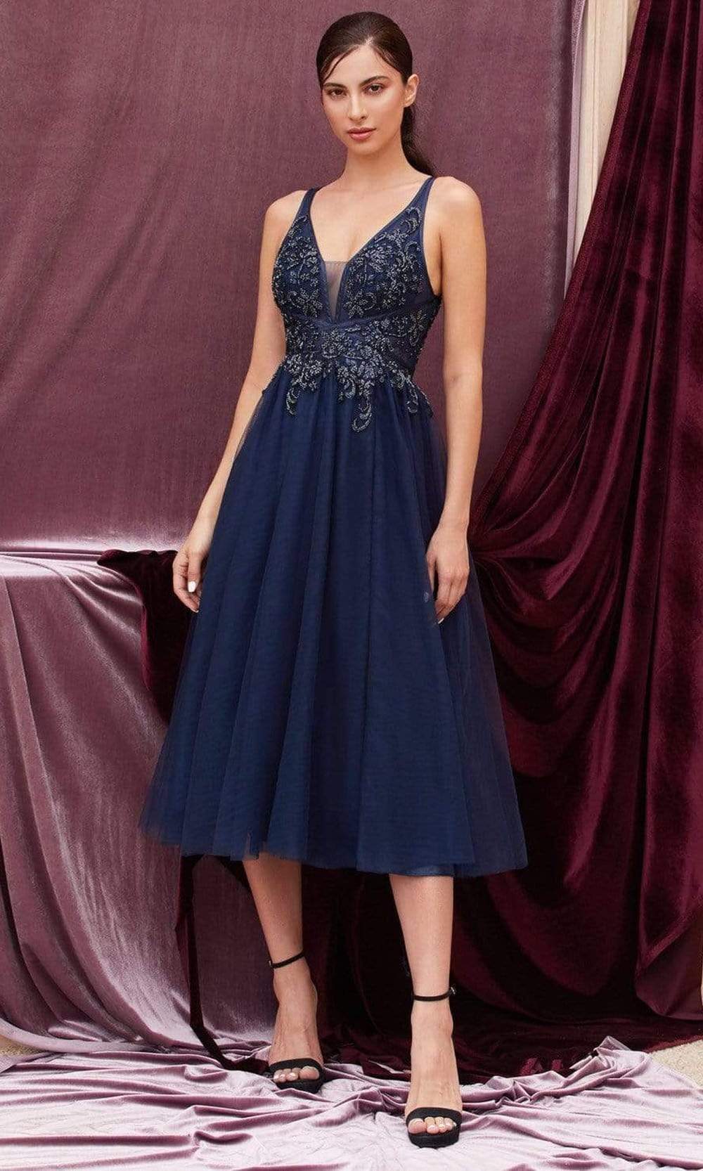 Andrea and Leo - A0762S Beaded Plunging V Neck Tea Length Dress Prom Dresses 2 / Navy