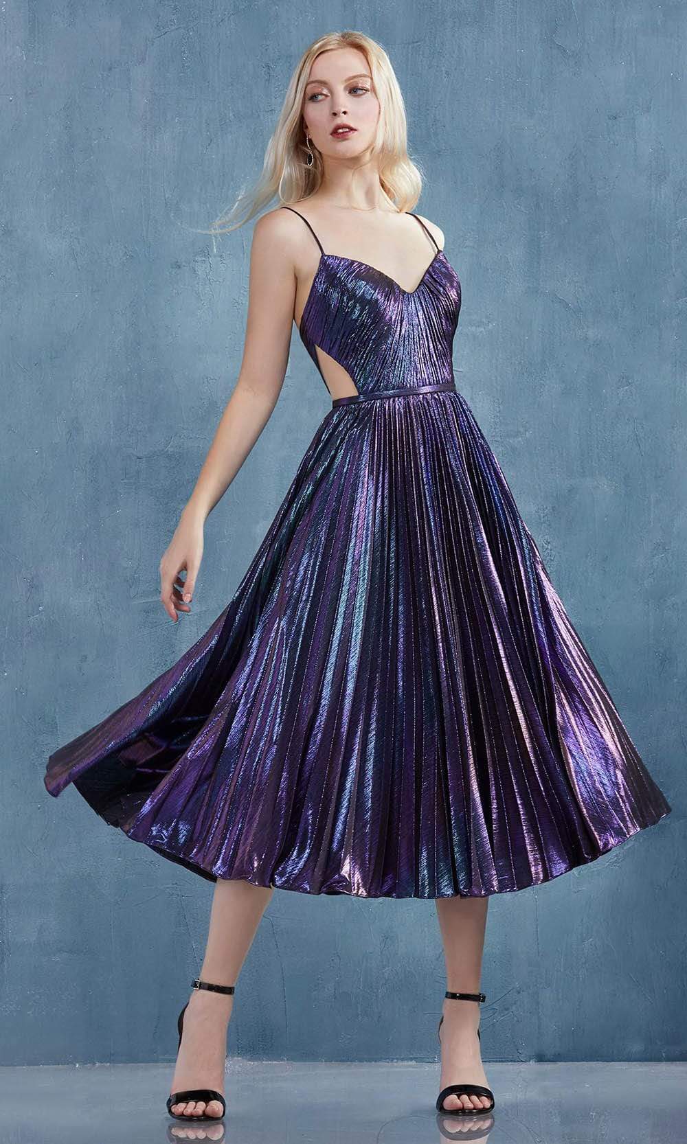 Andrea and Leo A0864 - Tea Length Iridescent metallic fabric A-line Dress - Sleeveless, Thin straps, Side cutouts, Back zipper, Thin band, Pleated A-line skirt, Iridescent metallic ADASA Andrea and Leo A0864 - Tea Length Iridescent metallic fabric A-line Dress - Sleeveless, Thin straps, Side cutouts, Back zipper, Thin band, Pleated A-line skirt, Iridescent metallic ADASA