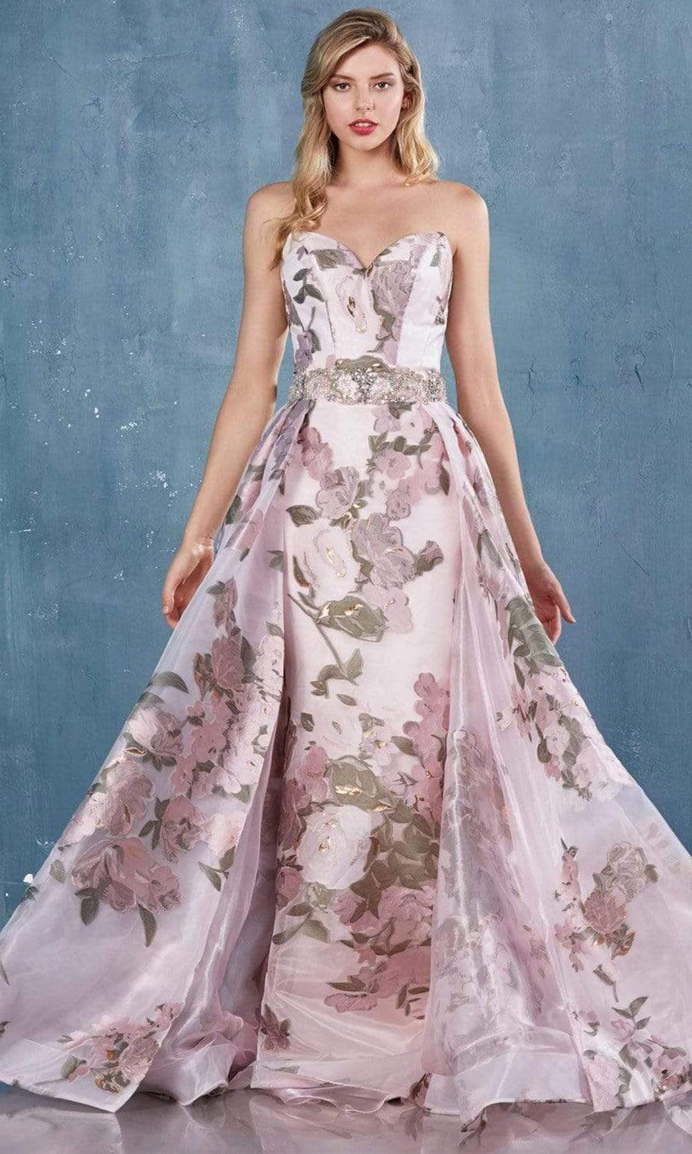 Andrea and Leo - A0965 Sweetheart Floral Printed Gown Prom Dresses 2 / Blush Print
