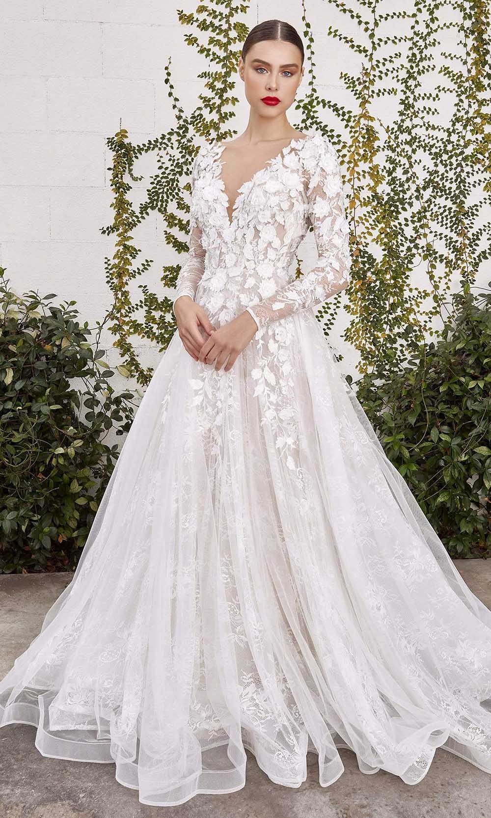 Andrea and Leo - A1067W Floral Applique Lace Bridal Gown Bridal Dresses 2 / Off White nude