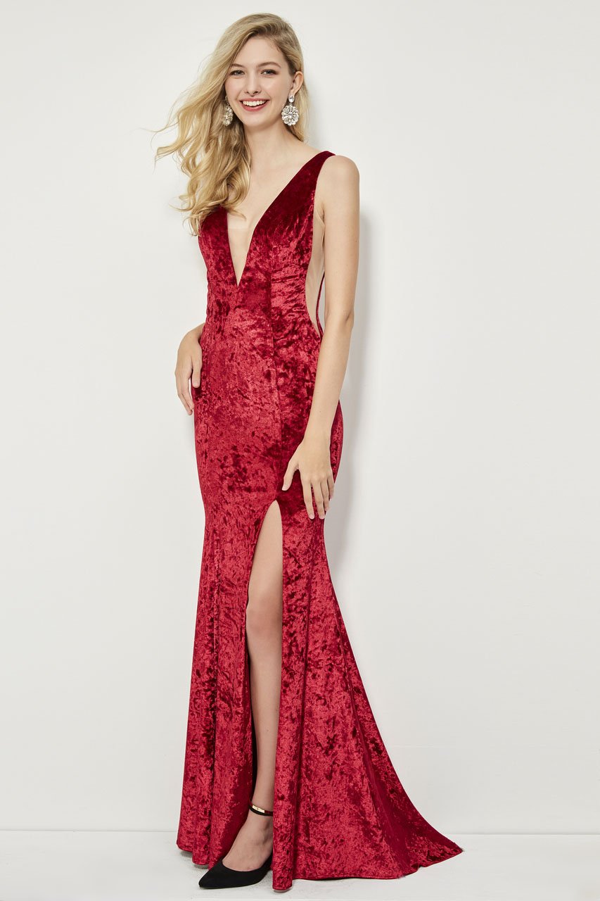Angela & Alison - 81141 Deep Neckline and Sides Mermaid Gown Special Occasion Dress 0 / Wine