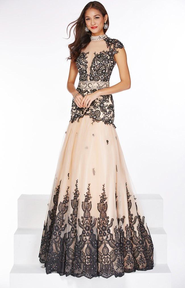 Angela & Alison Lace Illusion Cap Sleeve Gown 51017 CCSALE 6 / Black/Nude