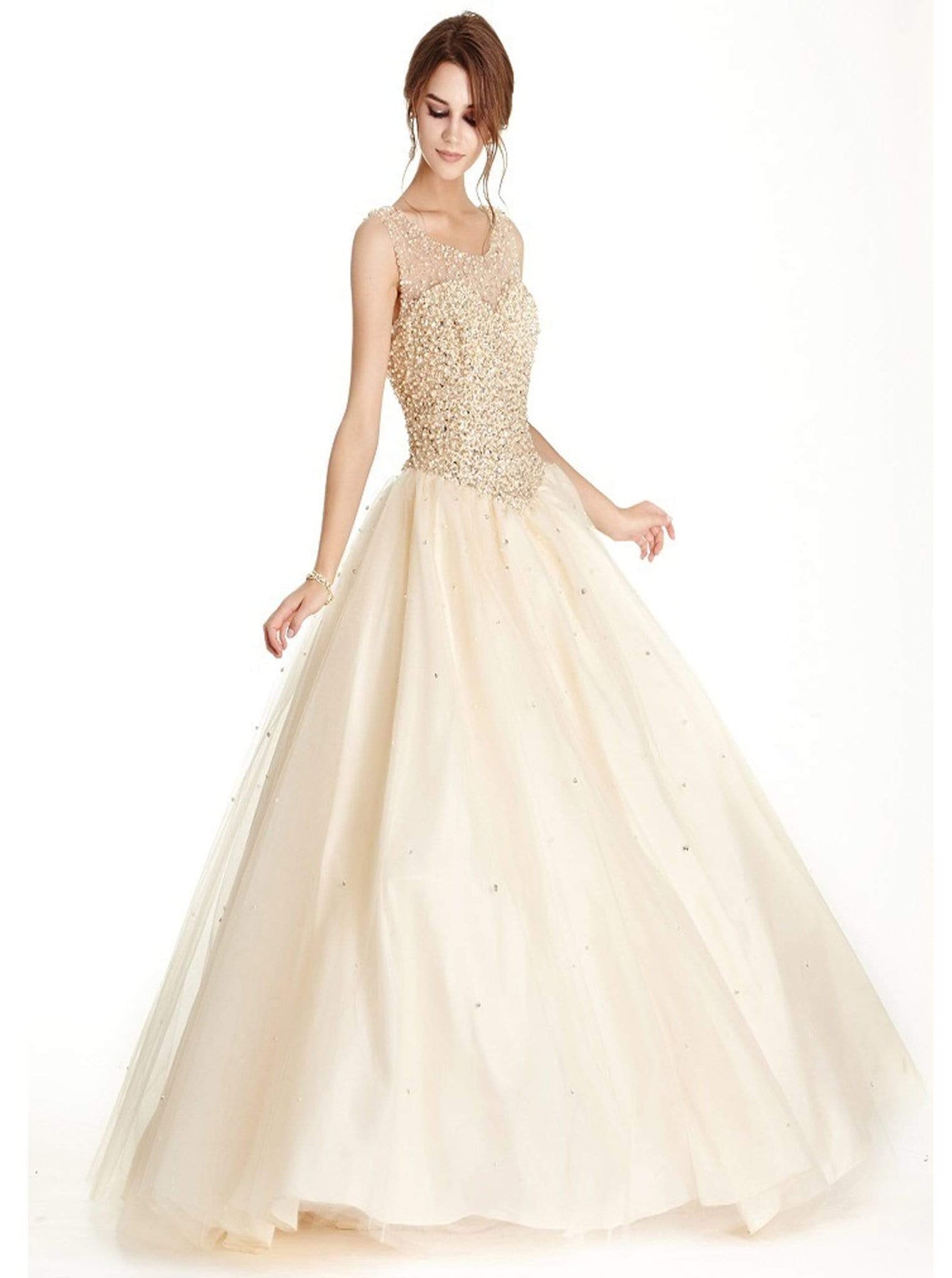 Applique Illusion Neck Quinceanera Ballgown Dress XXS / Champagne