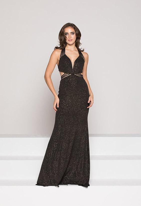 Colors Dress - 1937 Plunging Multi-Strap Glittered Jersey Gown In Black and Gold