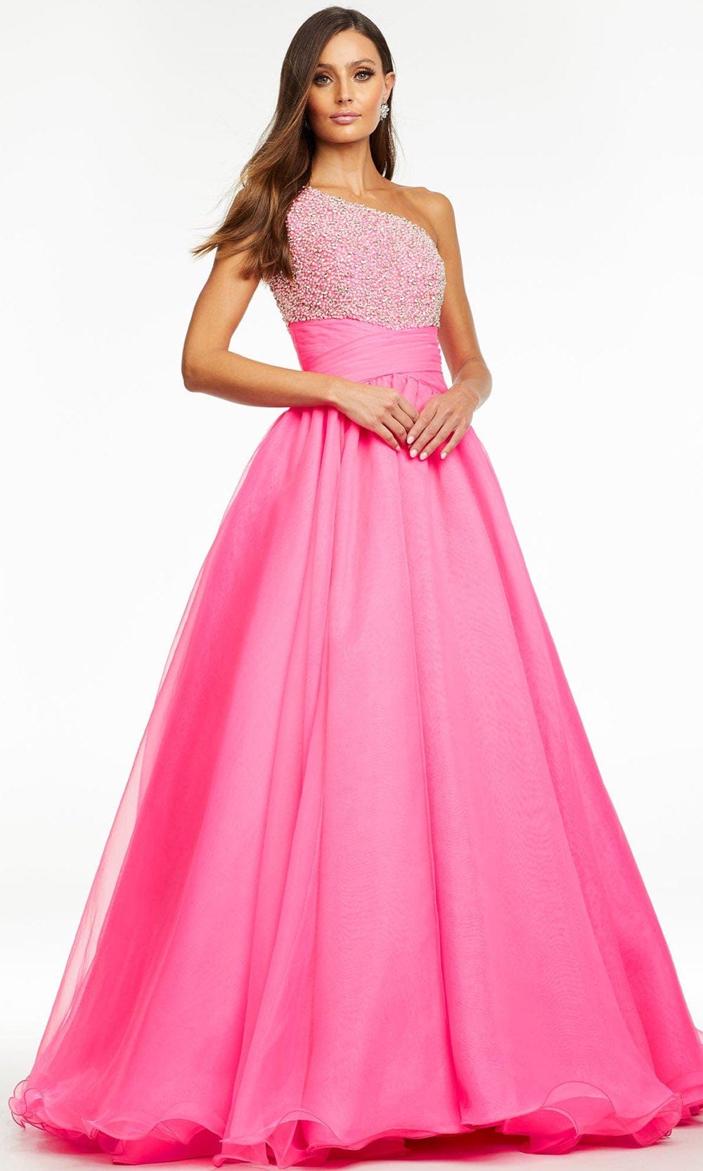 Ashley Lauren - 11127 Beaded Organza Ballgown Prom Dresses 0 / Hot Pink