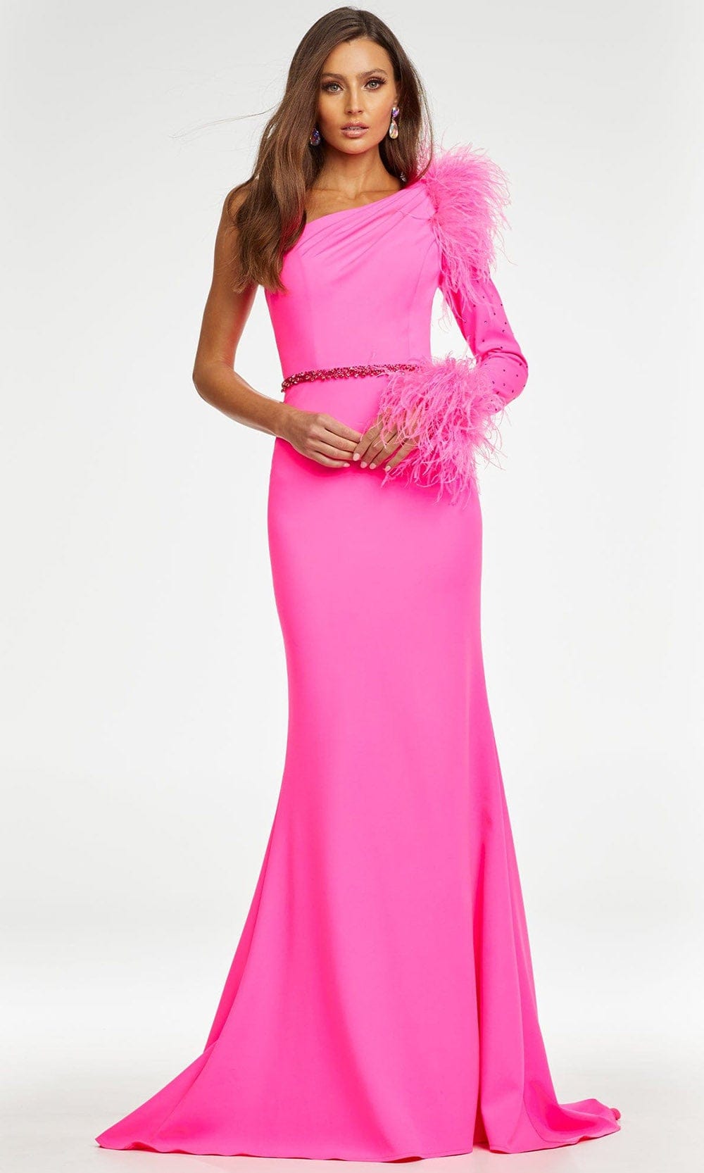 Ashley Lauren - 11131 Feather Detail Long Sleeve Gown In Pink