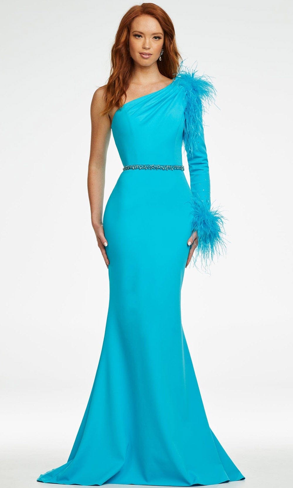 Ashley Lauren - 11131 Feather Detail Long Sleeve Gown In Blue