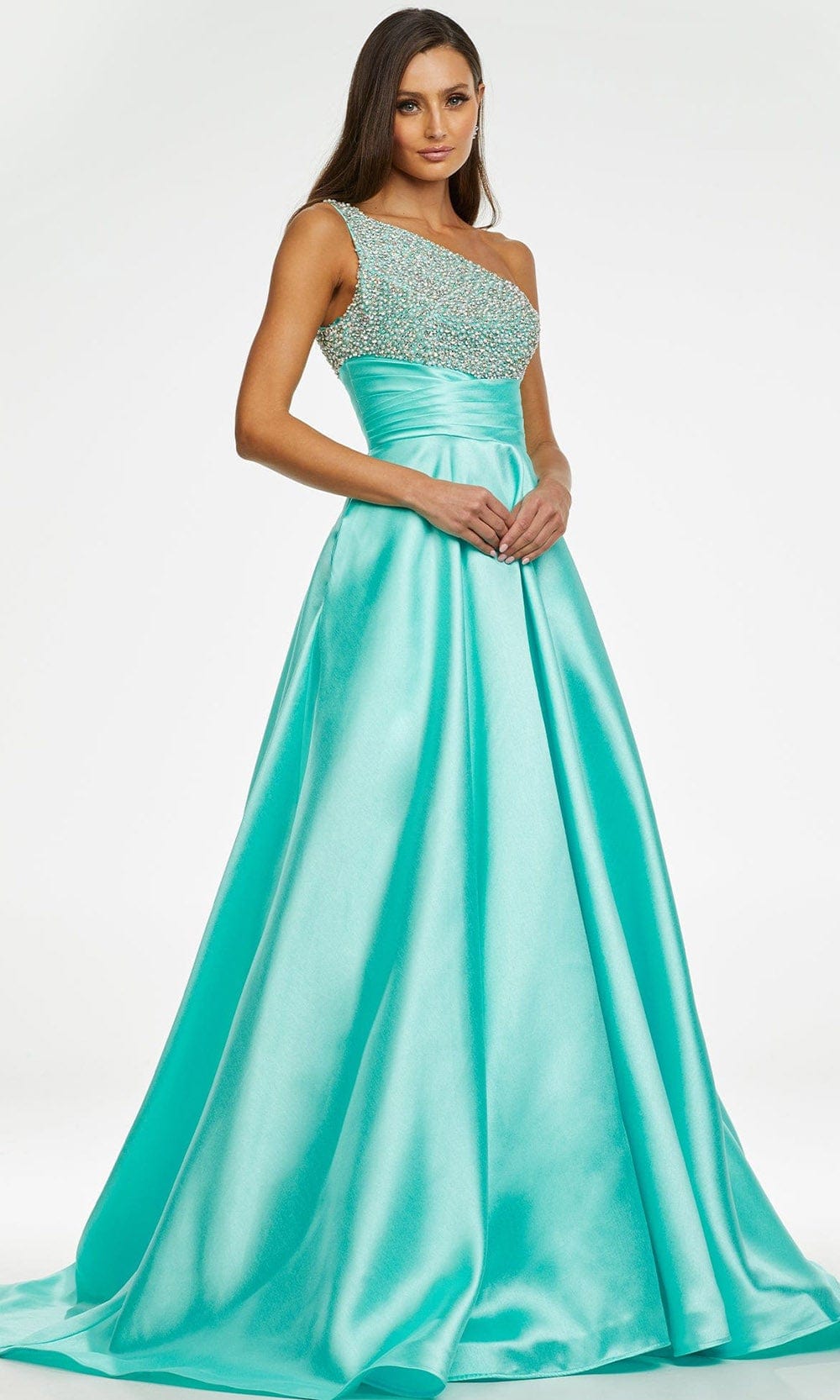 Ashley Lauren 11149 - Long A-Line Dress - Beaded Bodice, Cross Waistband, Pleated, Partial Open Back, Zipper Closure, Court Train ADASA Ashley Lauren 11149 - Long A-Line Dress - Beaded Bodice, Cross Waistband, Pleated, Partial Open Back, Zipper Closure, Court Train ADASA