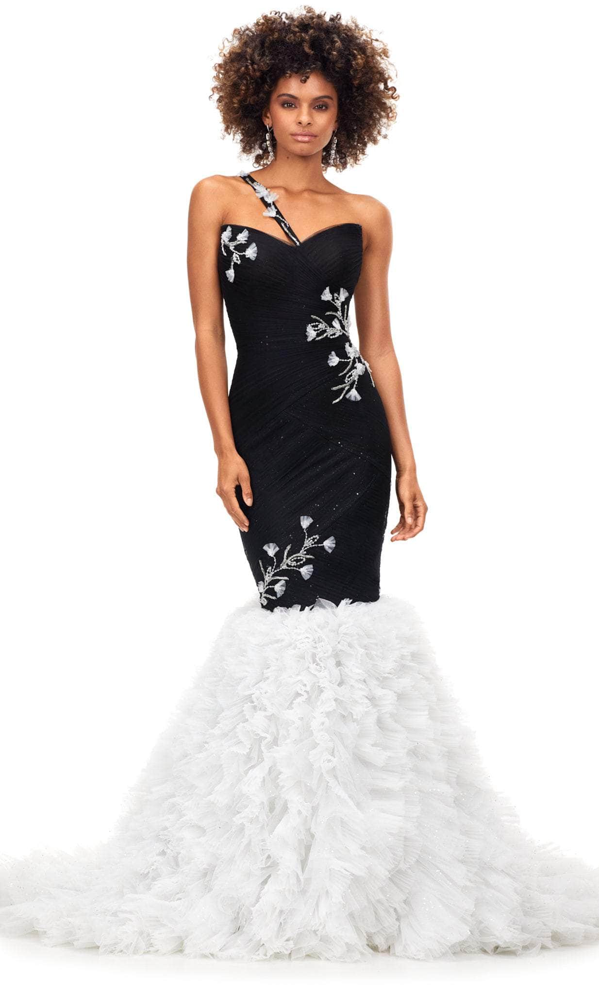Ashley Lauren 11232 - Long Tulle Mermaid Dress - Asymmetrical strap, Fitted bodice, Pleats, Beads, Floral pattern, Tulle, Ruffles, Floor length, Sweep train ADASA Ashley Lauren 11232 - Long Tulle Mermaid Dress - Asymmetrical strap, Fitted bodice, Pleats, Beads, Floral pattern, Tulle, Ruffles, Floor length, Sweep train ADASA