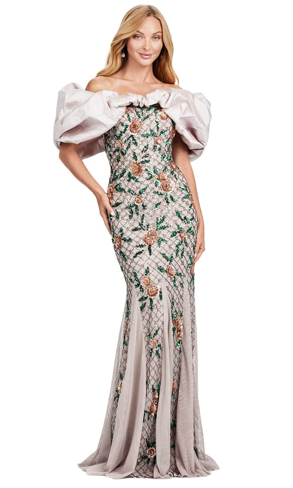 Ashley Lauren 11433 - Off-Shoulder Puff Sleeve Dress Ball Gowns 0 /  Marble