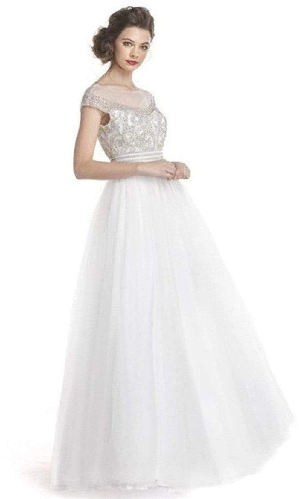 Aspeed Design - L1513 Cap Sleeve Bejeweled Long Dress Prom Dresses XXS / Off White