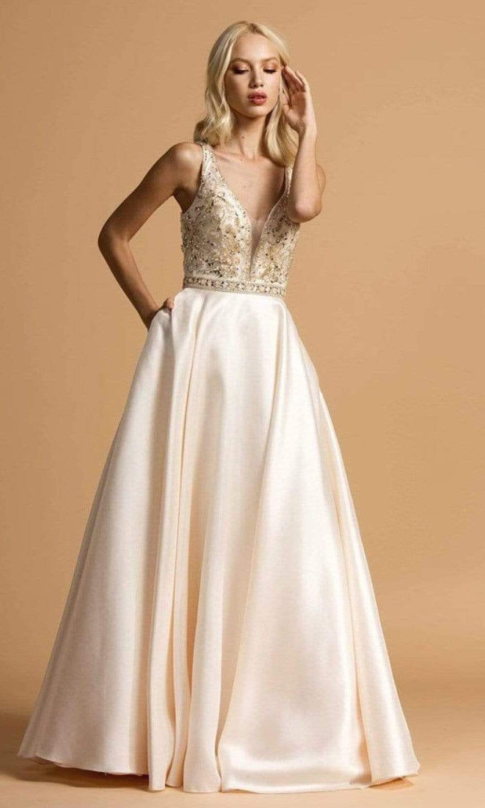 Aspeed Design - L2183 Beaded V-Neck Satin A-Line Dress Prom Dresses XXS / Champagne