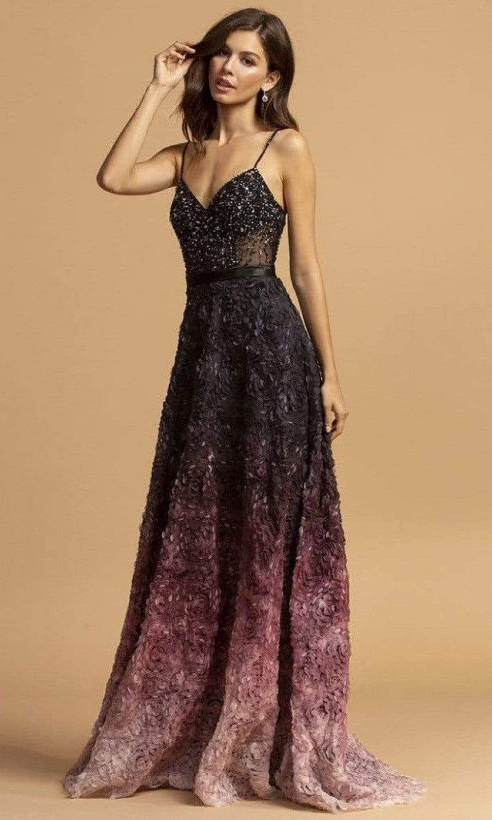 Aspeed Design - L2224 Beaded V-Neck A-Line Evening Dress Evening Dresses XXS / Mauve