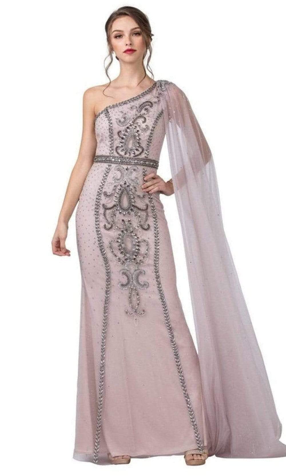 Aspeed Design - L2441 Mesh Shoulder Asymmetric Embellished Gown Evening Dresses XXS / Mauve
