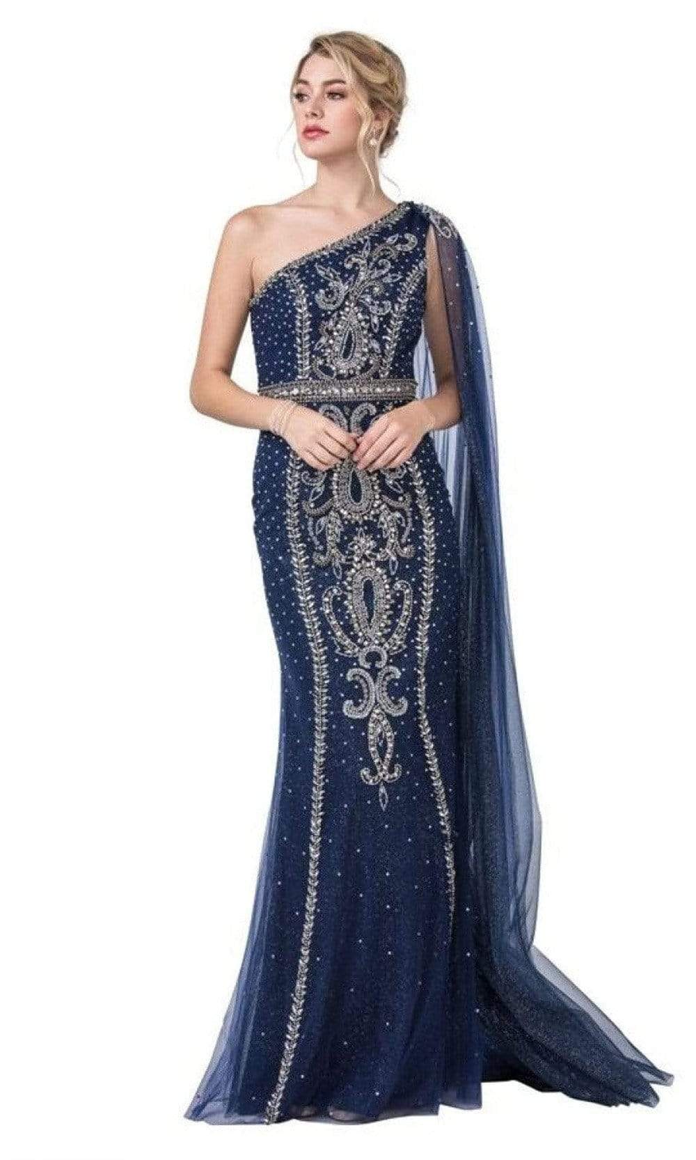 Aspeed Design - L2441 Mesh Shoulder Asymmetric Embellished Gown Evening Dresses XXS / Navy