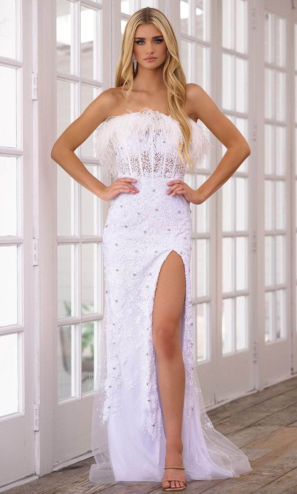 Ava Presley 39231 Long Fitted Feather Prom Gown - White / 4 Ava Presley 39231 Long Fitted Feather Prom Gown - White / 4