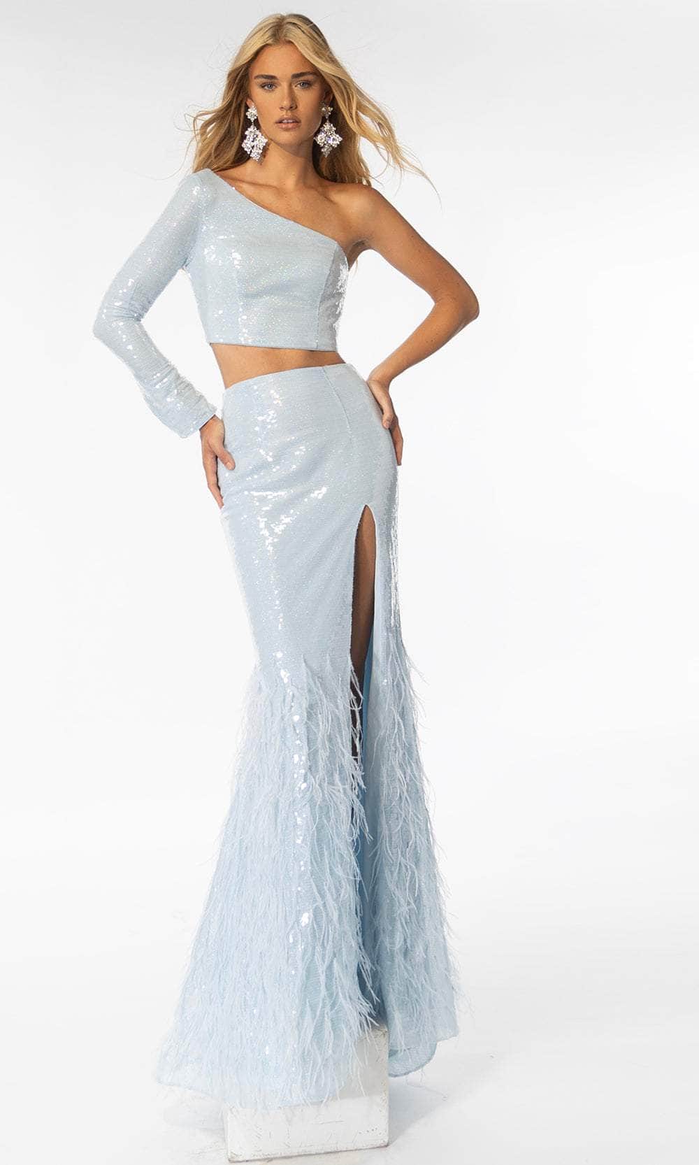 blue long sleeve two piece prom dress Blue One-Shoulder Jumpsuit with Slit Detail