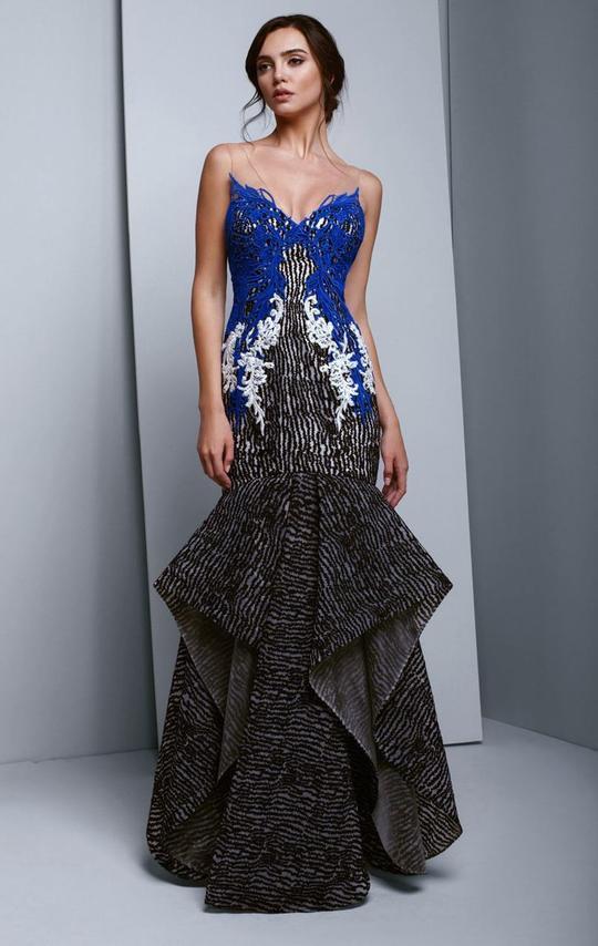 Beside Couture - BC1352 Dropped V Neckline Embroidery Organza Trumpet Dress In Black and Blue