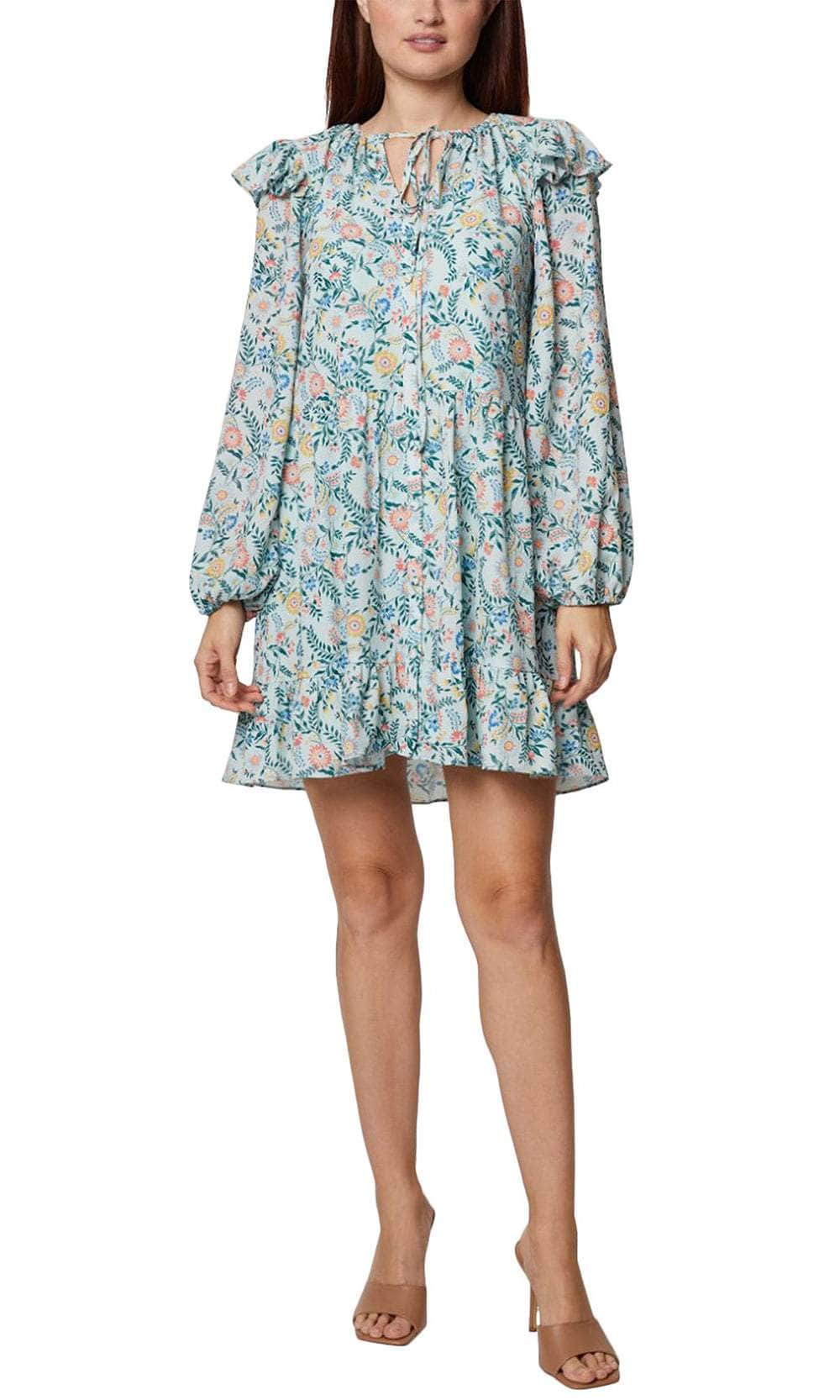 BCBG Generation GV02D01 - Short Crepe A-Line Dress - Long Sleeve, Ruffles, Self-Tie Neck, Full Back ADASA BCBG Generation GV02D01 - Short Crepe A-Line Dress - Long Sleeve, Ruffles, Self-Tie Neck, Full Back ADASA