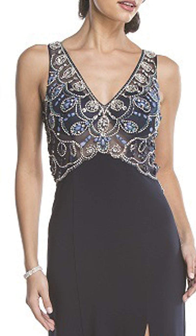 Beaded V-Neck Evening Gown with Slit Dress
