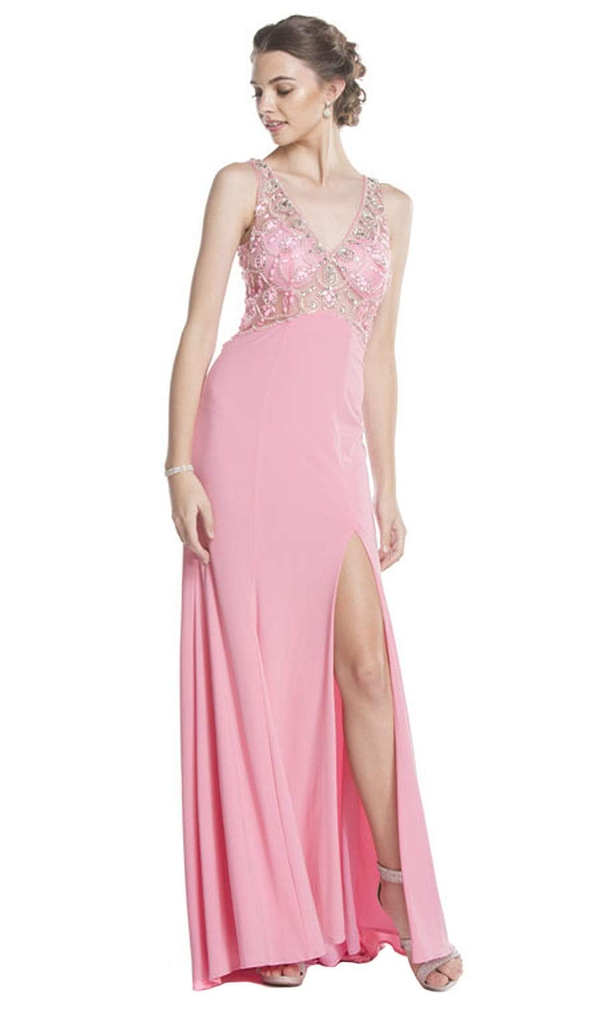 Beaded V-Neck Evening Gown with Slit Dress XXS / Pink