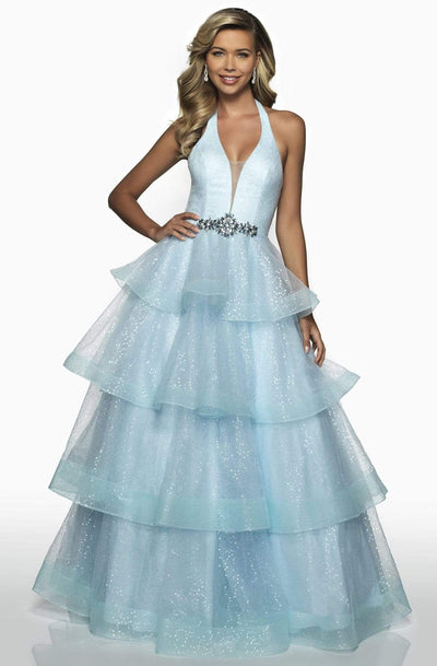 Blush by Alexia Designs - C2107 Plunging Halter Ruffled Gown Prom Dresses 0 / Powder Blue