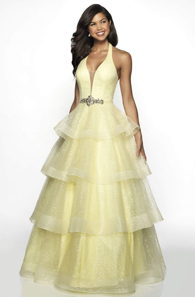 Blush by Alexia Designs - C2107 Plunging Halter Ruffled Gown Prom Dresses 0 / Yellow