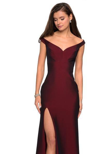 La Femme - 27587 Off Shoulder Jersey High Slit Long Gown In Red