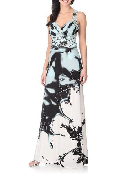 Cachet 56203 - Long A-Line Dress - Halter Straps Neckline, Criss Cross Empire Waist, Open Back, Printed, Jersey, Ruched Bust, Sequined ADASA Cachet 56203 - Long A-Line Dress - Halter Straps Neckline, Criss Cross Empire Waist, Open Back, Printed, Jersey, Ruched Bust, Sequined ADASA