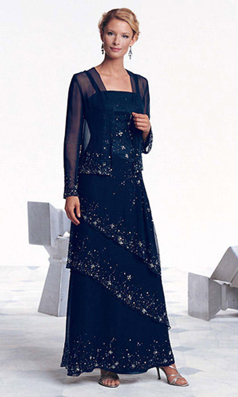 sheer jacket for evening dress Sheer Sleeve Beaded Jacket Set Black / S