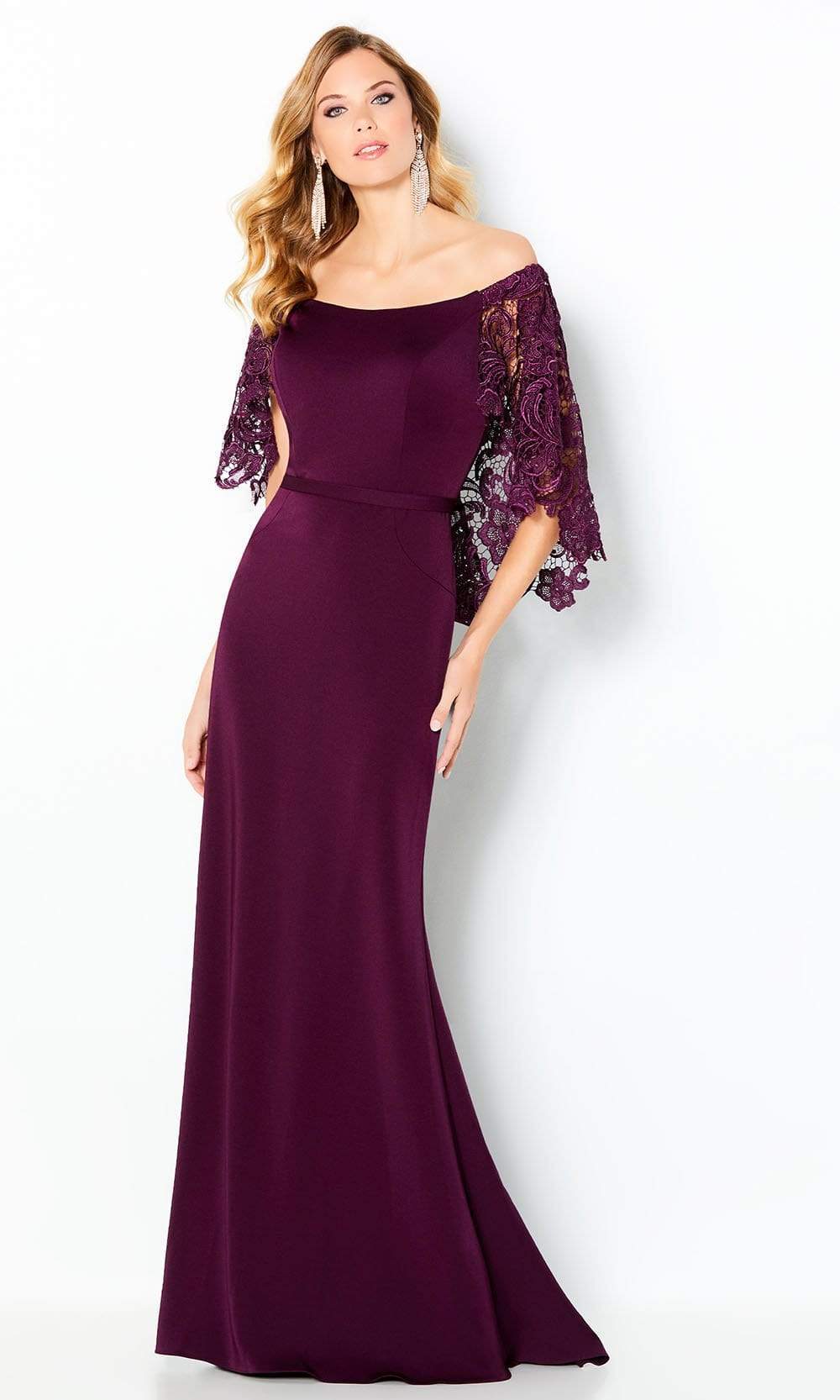 Cameron Blake by Mon Cheri - 220632 Draped Cape Off Shoulder Dress Evening Dresses 4 / Eggplant