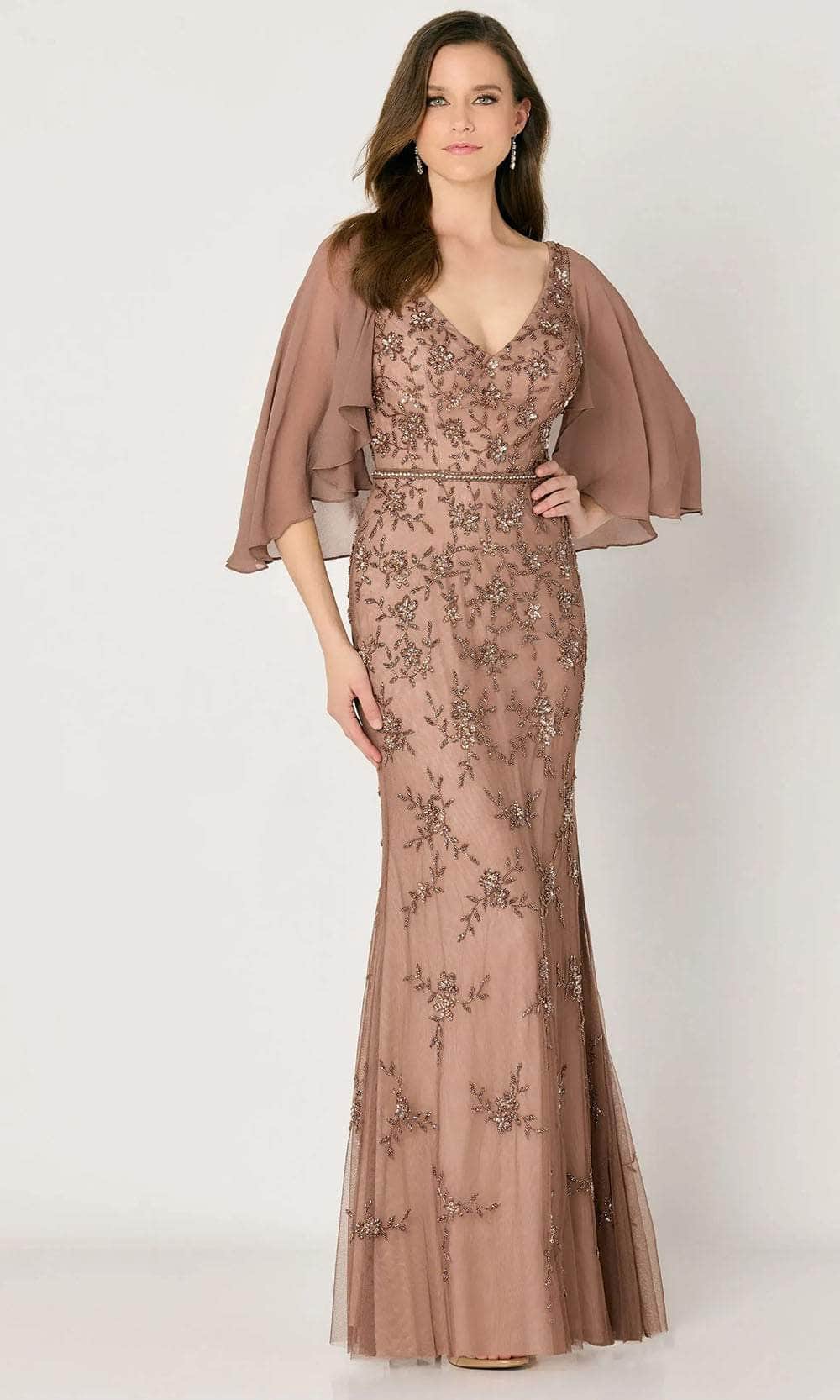 Cameron Blake CB783 - Beaded V-Neck Evening Dress Evening Dresses XS / Cappucino