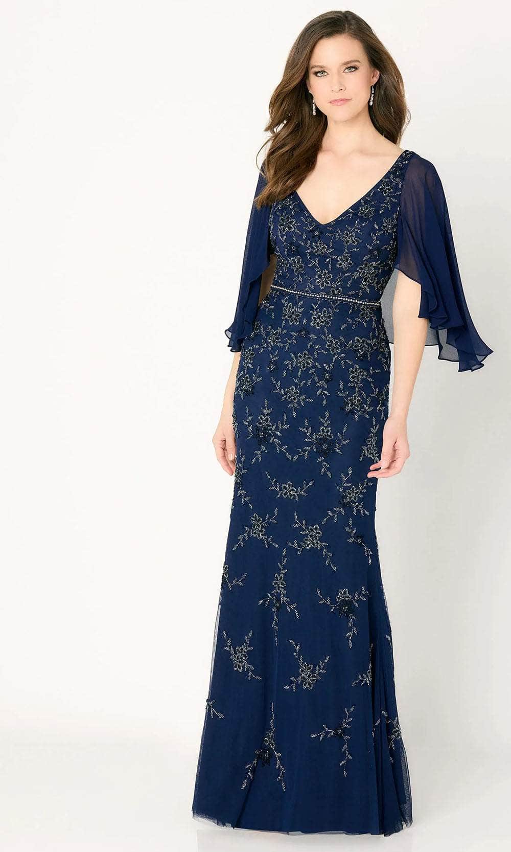 Cameron Blake CB783 - Beaded V-Neck Evening Dress Evening Dresses XS / Navy Blue