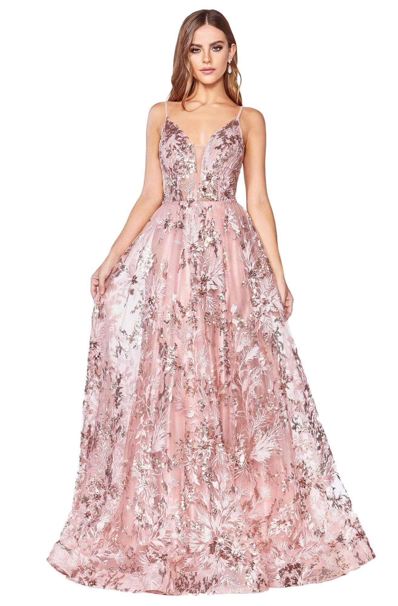 Cinderella Divine - CB048 Embroidered Deep V-neck A-line Dress In Pink
