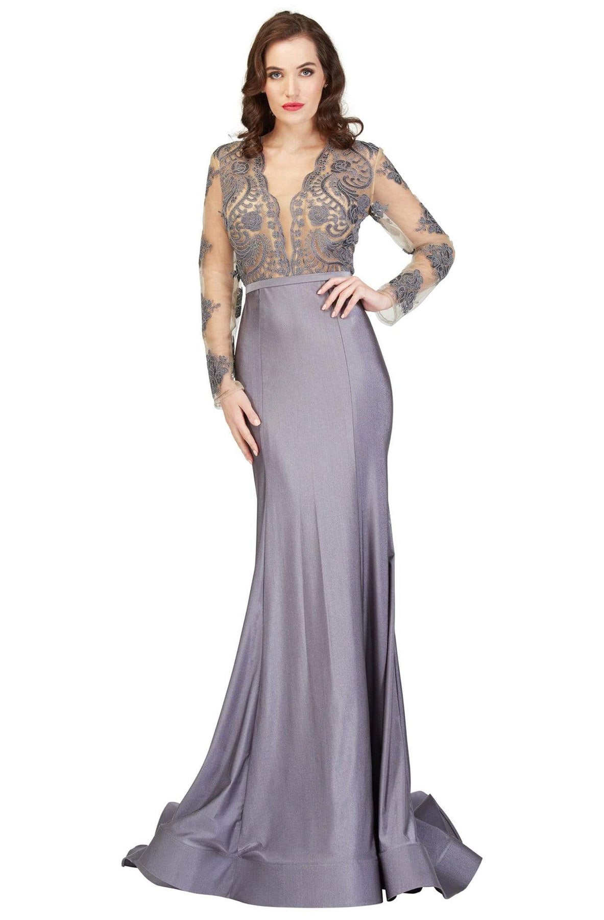 Cecilia Couture - 1405 Floral Lace Plunging V-Neck Mermaid Dress Evening Dresses 0 / Grey