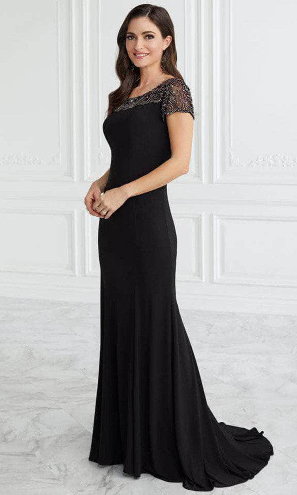 Christina Wu Elegance 17095 - Long Jersey Trumpet Dress - Short Sleeve, Beaded, Mid-Open V-Back, Back Zipper, Full Length, Sweep Train ADASA Christina Wu Elegance 17095 - Long Jersey Trumpet Dress - Short Sleeve, Beaded, Mid-Open V-Back, Back Zipper, Full Length, Sweep Train ADASA