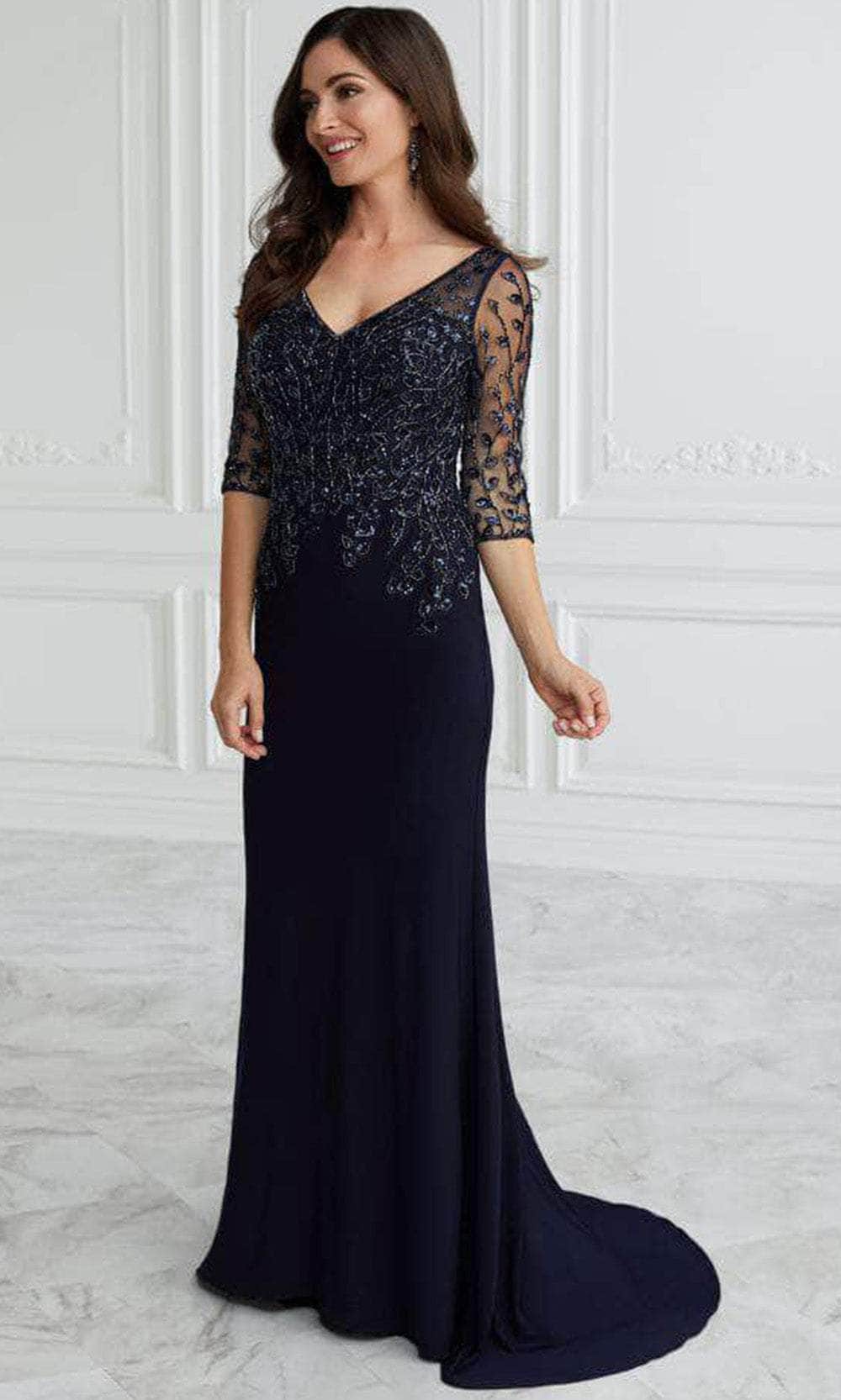 Christina Wu Elegance 17099 - Quarter Sleeve Sheath Dress Mother of the Bride Dresses 6 / Navy