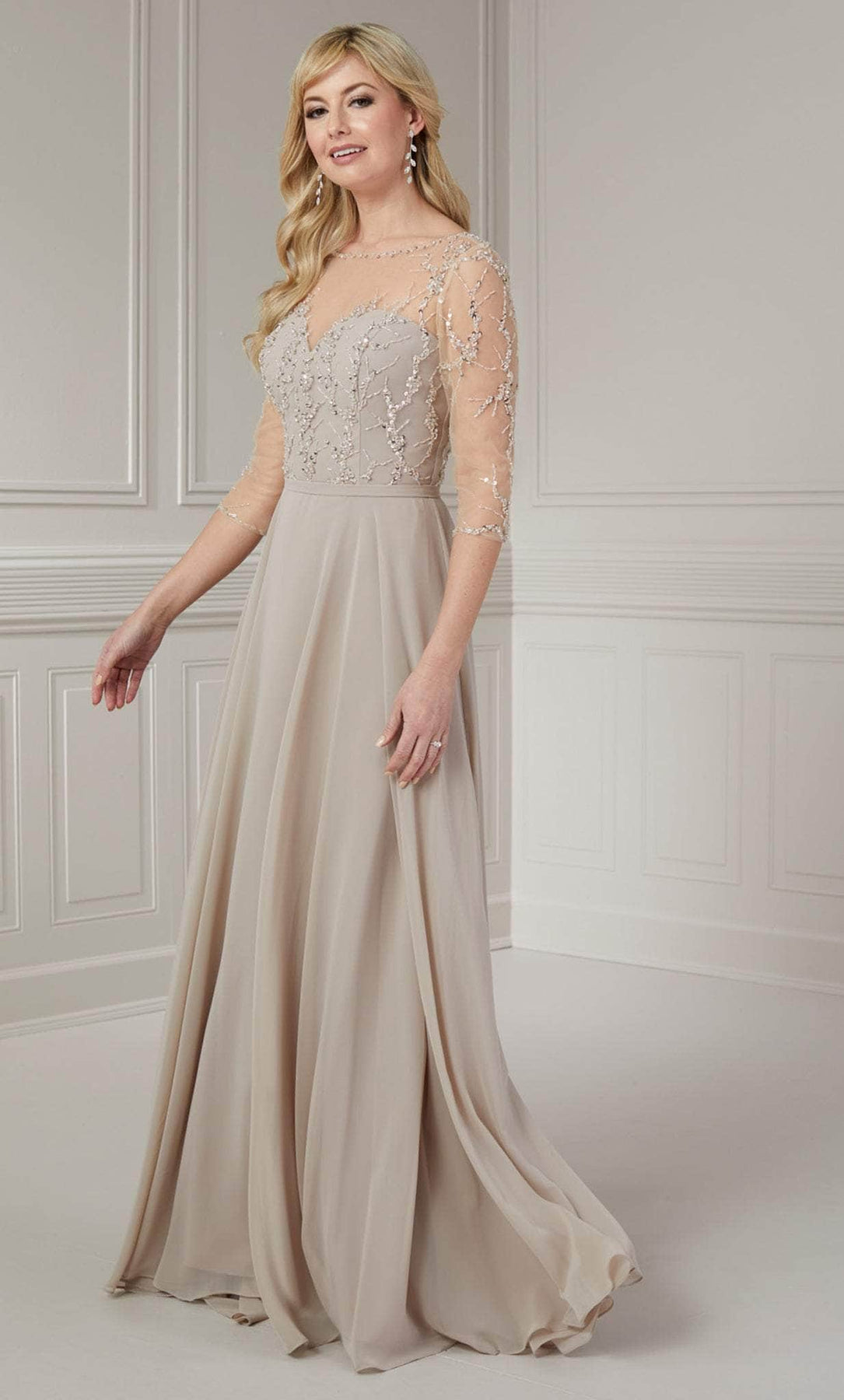 Christina Wu Elegance 17139 - Quarter Sleeve V-Back Evening Gown Evening Dress 2 / Taupe