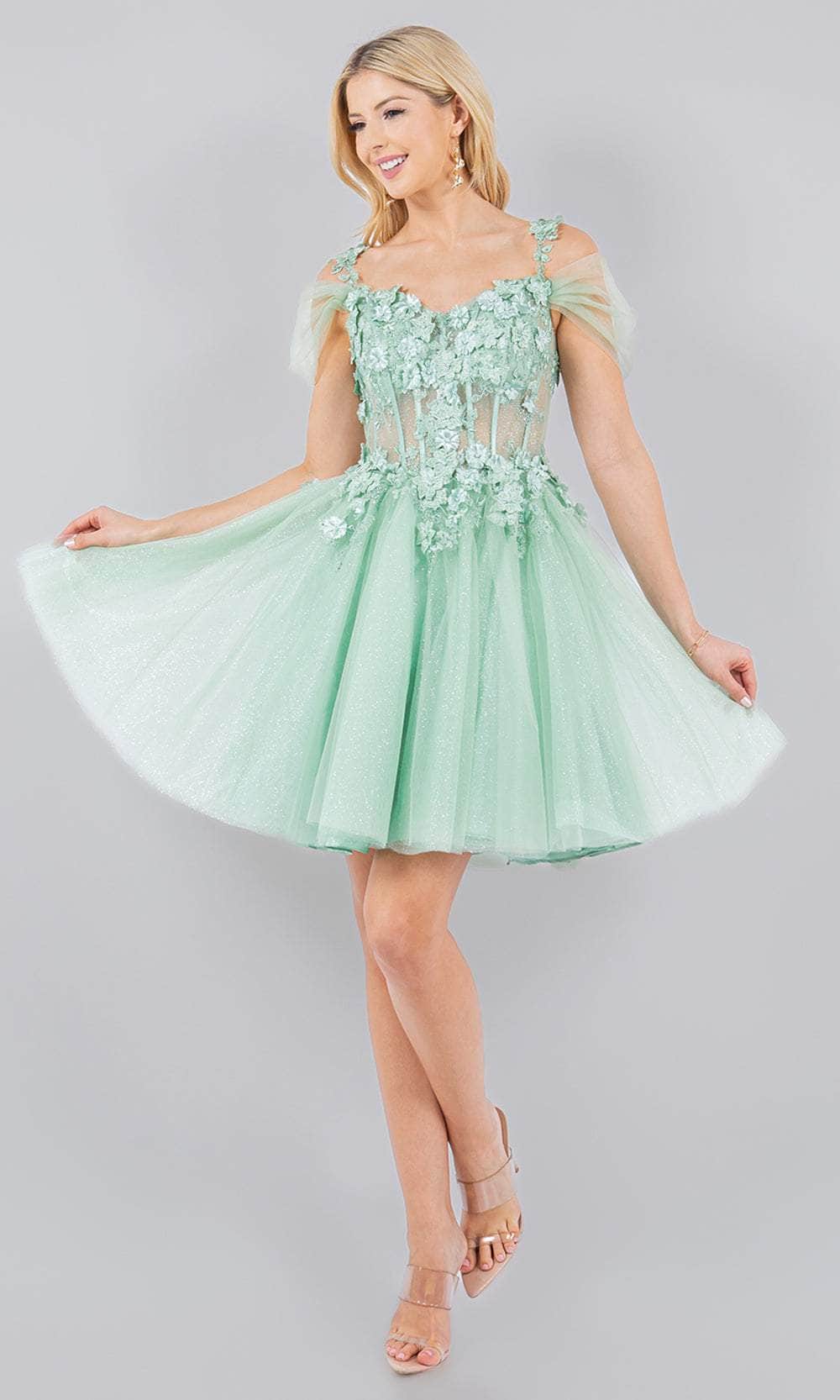 Cinderella Couture 5134J - Short A-Line Dress - Illusion Cap Sleeve, Thin Strap, 3D Floral Applique, Lace, Beaded, Corset Boning Bodice, Midrise Lace-Up Back, Short Hem ADASA Cinderella Couture 5134J - Short A-Line Dress - Illusion Cap Sleeve, Thin Strap, 3D Floral Applique, Lace, Beaded, Corset Boning Bodice, Midrise Lace-Up Back, Short Hem ADASA