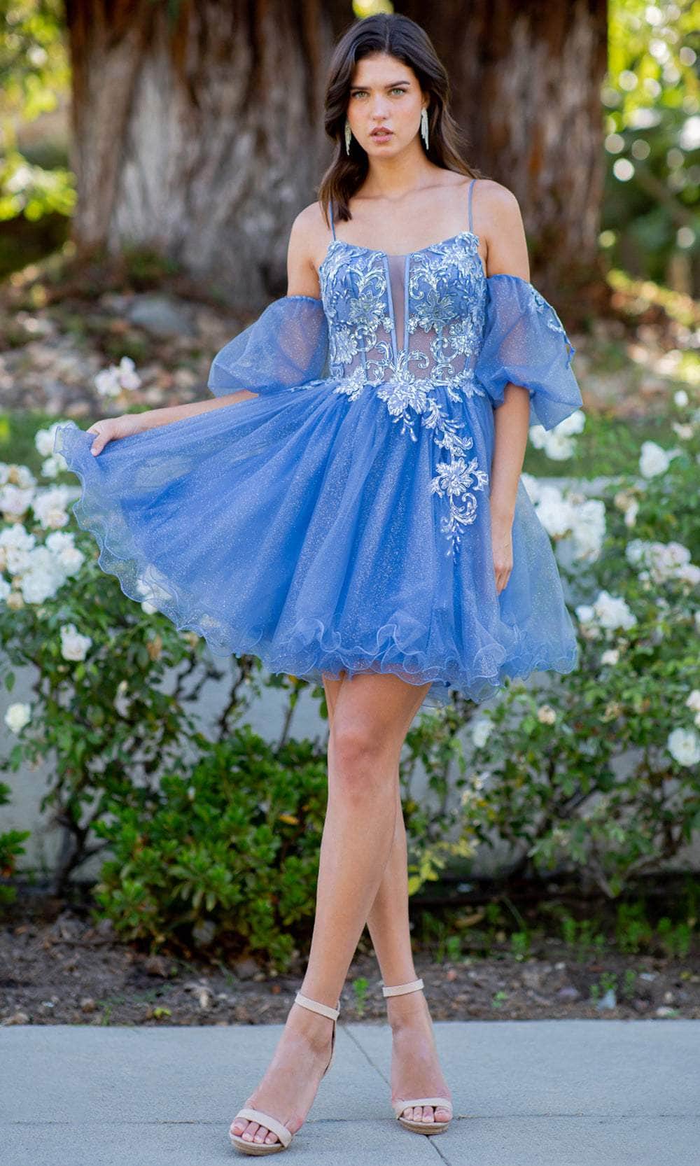 Cinderella Couture 5135J - Short Tulle A-Line Dress - Spaghetti Strap, Detachable Puff Sleeve, Sequin, Embroidered, Sheer Corset Bodice, Corset Lace-Up Back, Layered, Curled Hem ADASA Cinderella Couture 5135J - Short Tulle A-Line Dress - Spaghetti Strap, Detachable Puff Sleeve, Sequin, Embroidered, Sheer Corset Bodice, Corset Lace-Up Back, Layered, Curled Hem ADASA