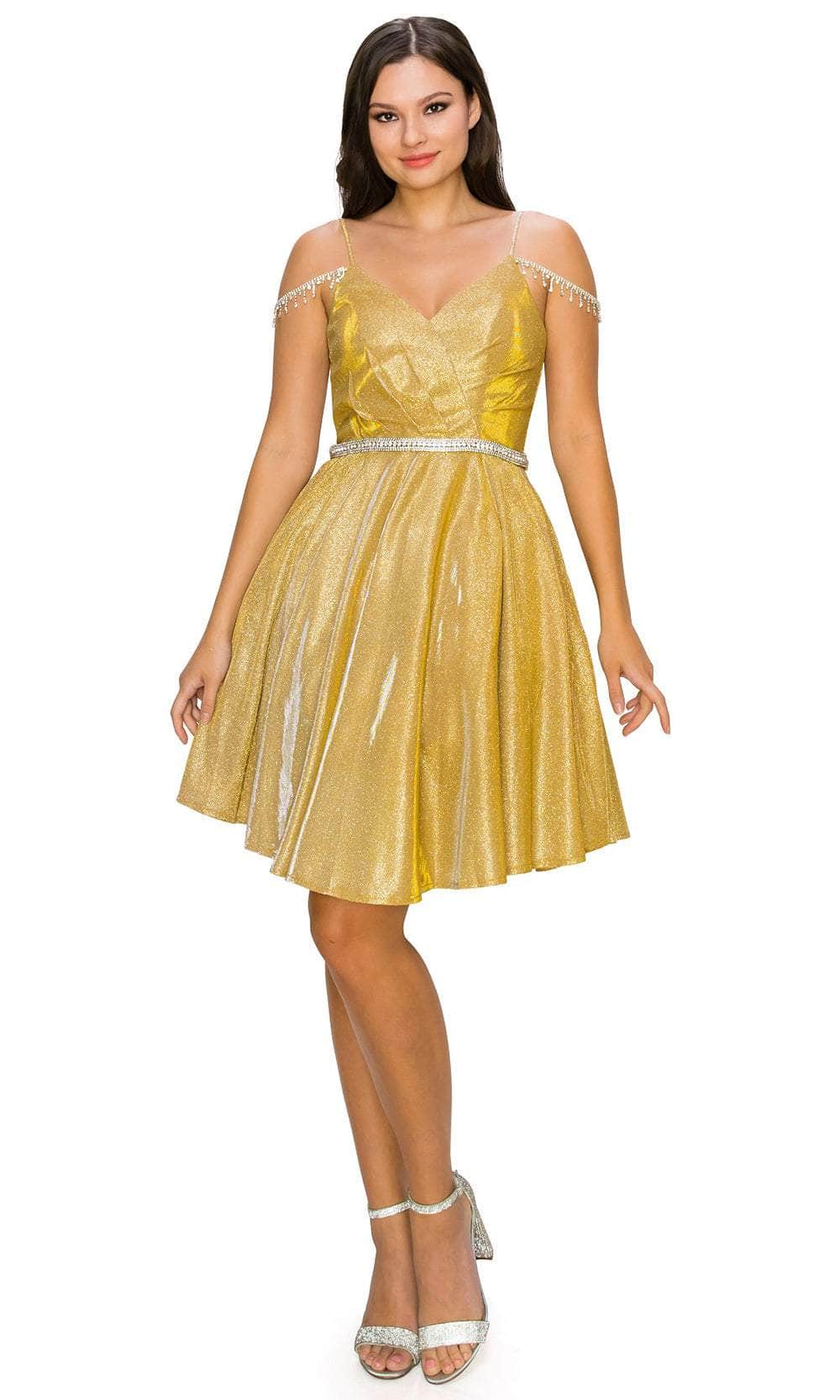 Spaghetti Strap Metallic Glitter Homecoming Dress by Cinderella Couture CC8011J - Gold / XL Spaghetti Strap Metallic Glitter Homecoming Dress by Cinderella Couture CC8011J - Gold / XL