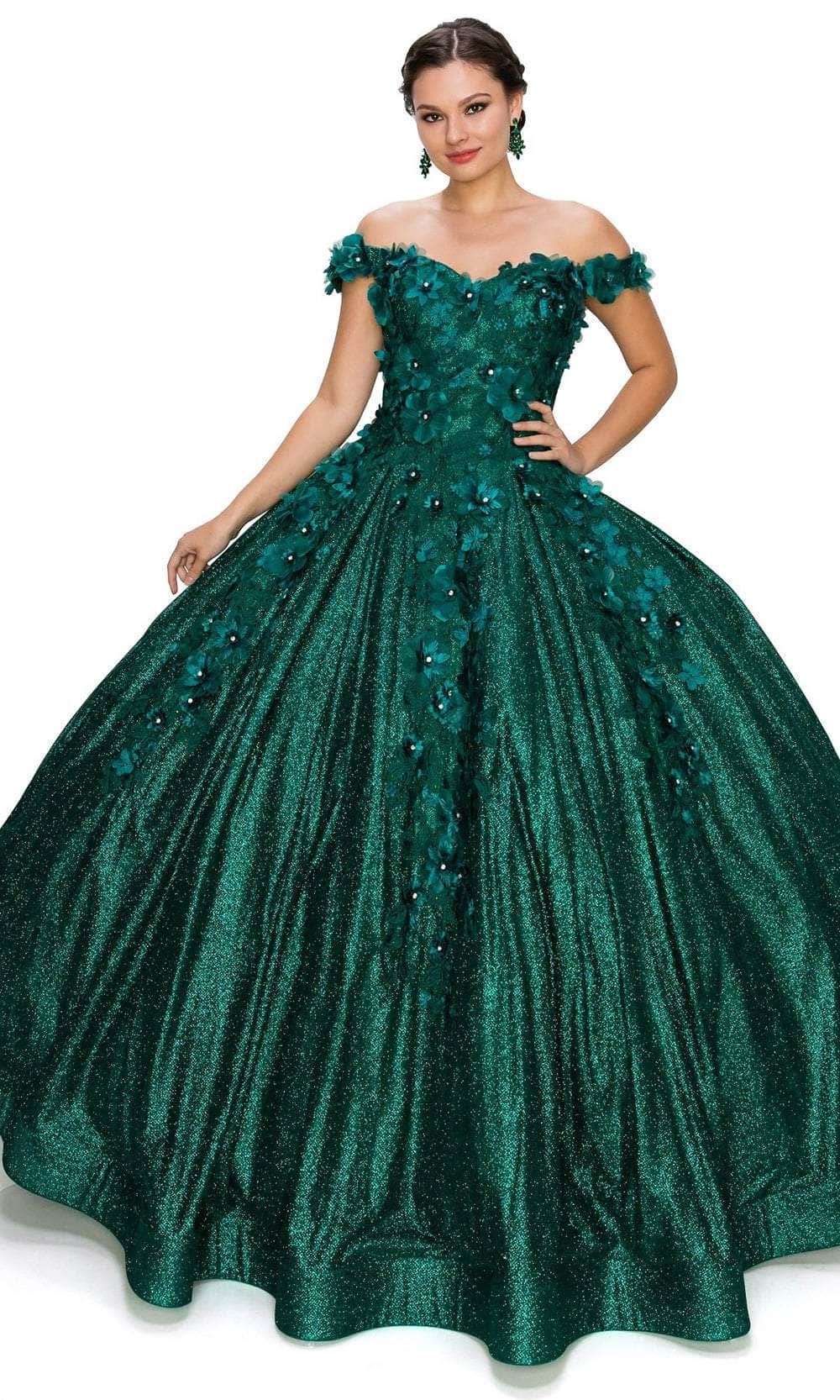 Cinderella Couture 8020J - 3D Floral Appliqued Ballgown Special Occasion Dress XS / Green Hunter