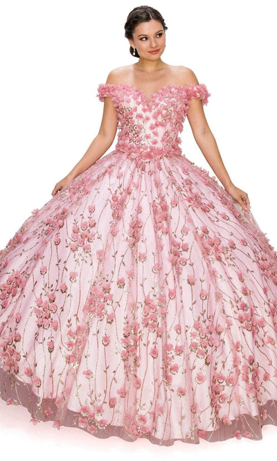 Cinderella Couture 8021J - 3D Floral Off-Shoulder Ballgown Special Occasion Dress XS / Dusty Rose