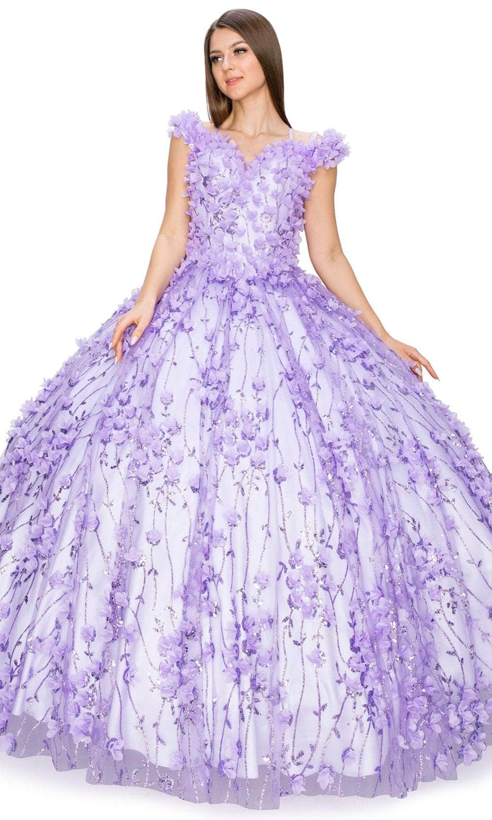 Cinderella Couture 8021J - 3D Floral Off-Shoulder Ballgown Special Occasion Dress XS / Lilac