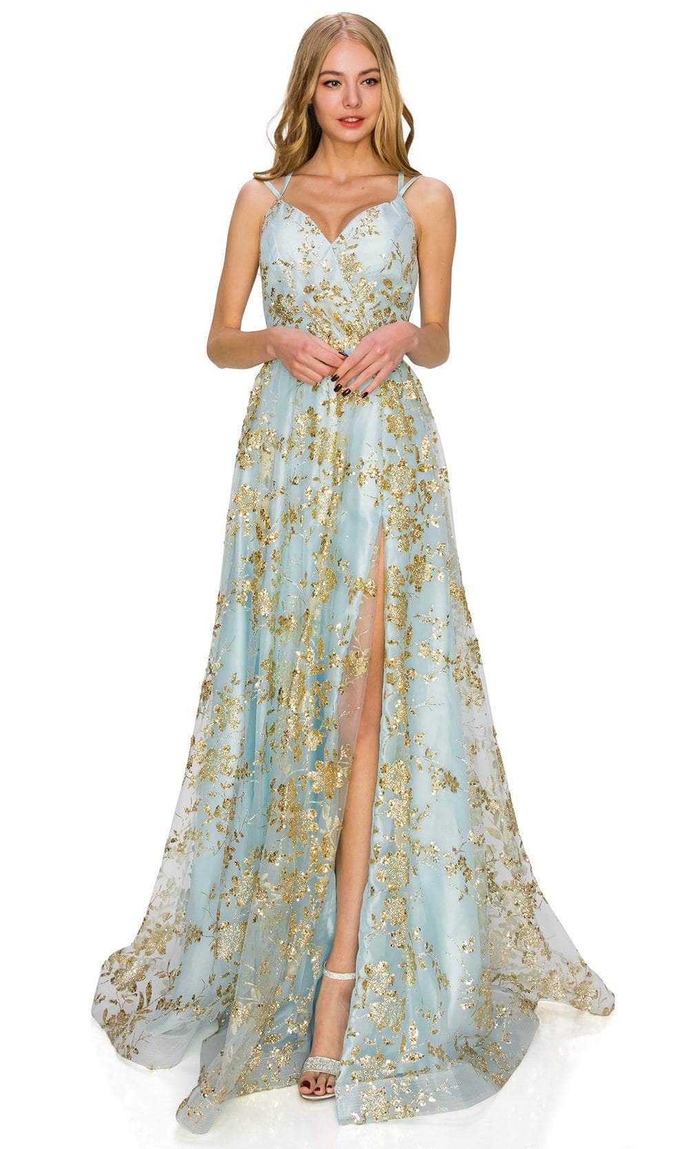 Cinderella Couture 8022J - Long 100% Polyester A-Line Dress - Dual Spaghetti Straps, Floral Glitter Print, Sequin, Beaded Belt, Strappy Lace-Up Back, High Slit, Sweep Train ADASA Cinderella Couture 8022J - Long 100% Polyester A-Line Dress - Dual Spaghetti Straps, Floral Glitter Print, Sequin, Beaded Belt, Strappy Lace-Up Back, High Slit, Sweep Train ADASA