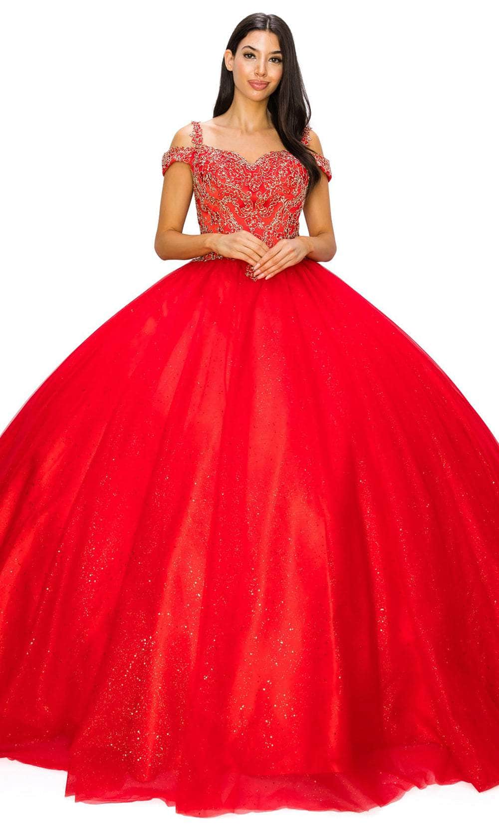Cinderella Couture 8028J - Gold Embroidered Ballgown Special Occasion Dress XS / Red