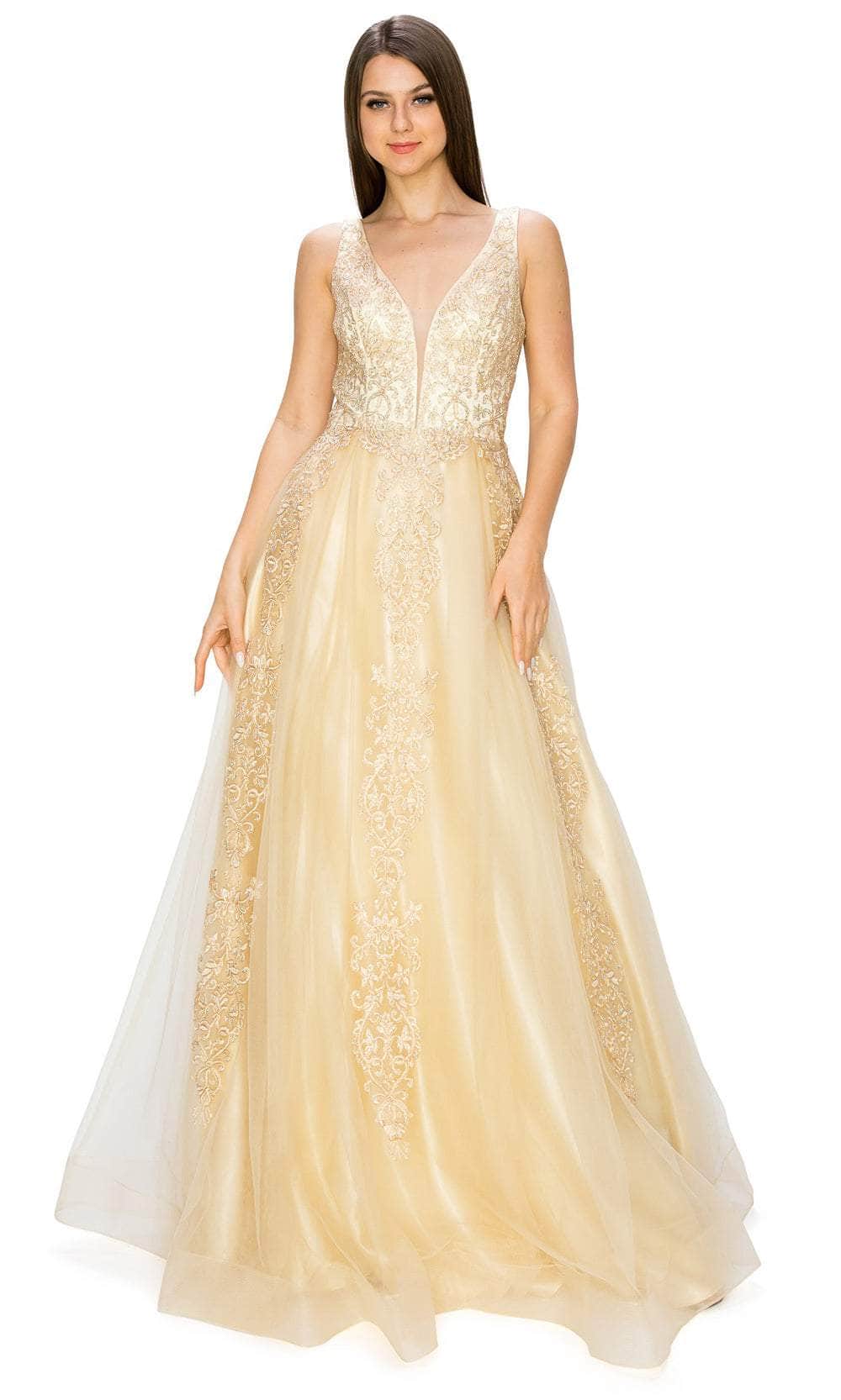 Cinderella Couture 8029J - Plunging V-Neck Tulle Prom Gown Special Occasion Dress XS / Champagne