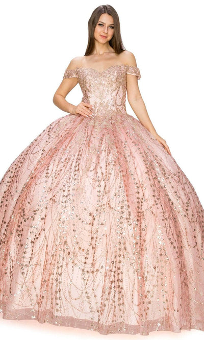 Cinderella Couture 8033J - Off Shoulder Glitter Ballgown Ball Gowns XS / Rose