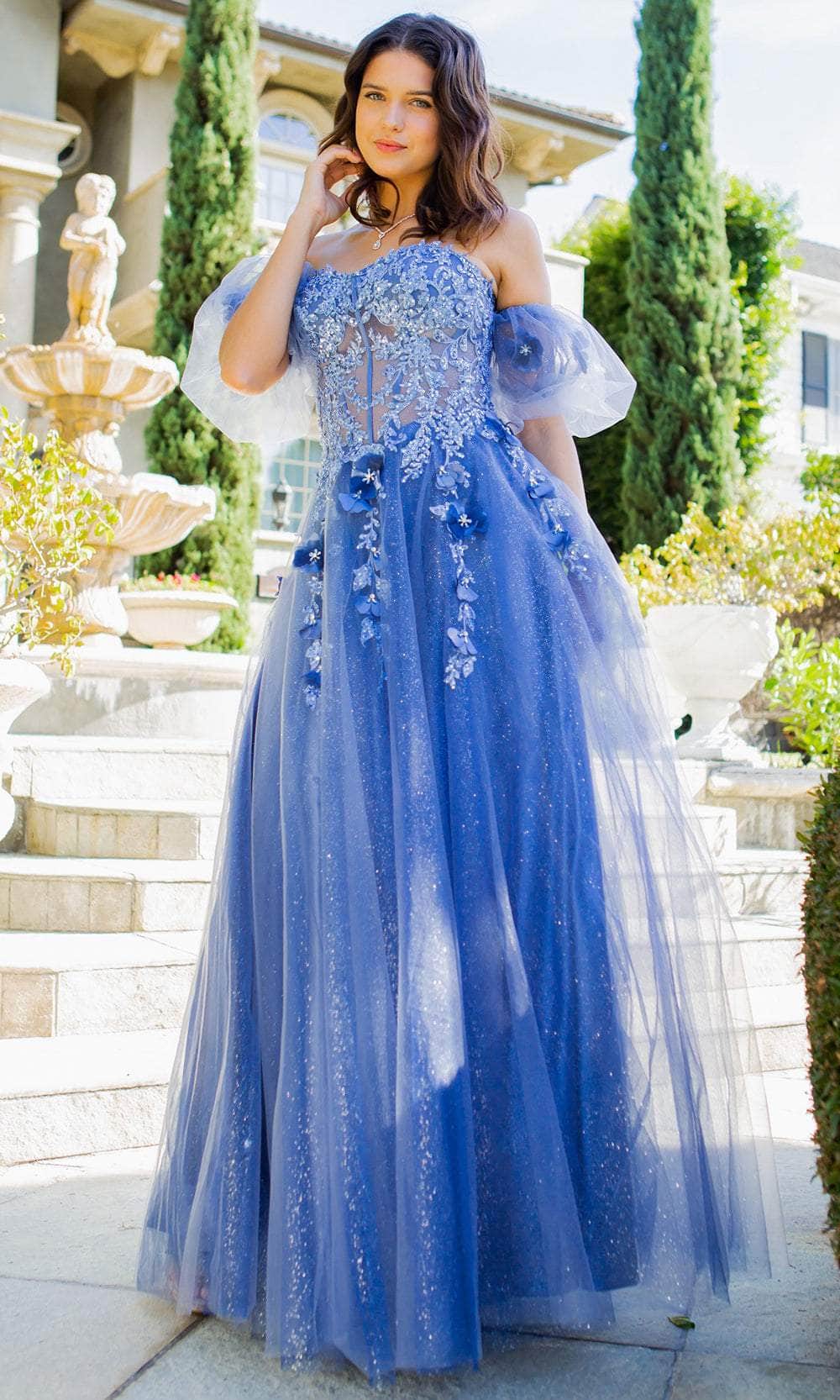 Cinderella Couture 8042J - Beaded Lace Appliqued Prom Gown Special Occasion Dress XS / Smoky Blue